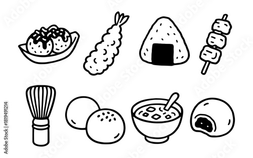 Cute japanese cuisine doodle set featuring popular traditional foods