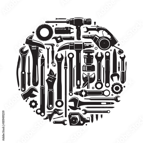 “Round Tools Design – Black and White Hardware Equipment Graphic”