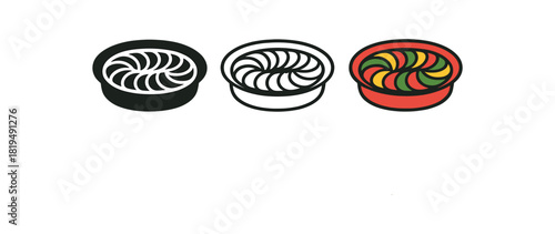 french ratatouille icons three shallow dish silhouettes with layered vegetable rounds one flat solid monochrome one thin black outline black and white one full color flat icon red and green