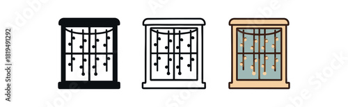 decorative curtain string lights icons three window icons with hanging micro lights one flat solid monochrome one thin black outline black and white one full color flat icon warm fairy glow