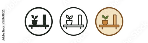 decorative shelf circle icons three round shelf icons with small plant and book one flat solid monochrome one thin black outline black and white one full color flat icon wood and green