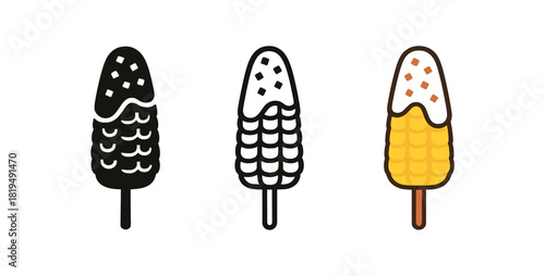 mexican elote icons three corn on cob silhouettes with sauce and cheese sprinkle one flat solid monochrome one thin black outline black and white one full color flat icon white and red