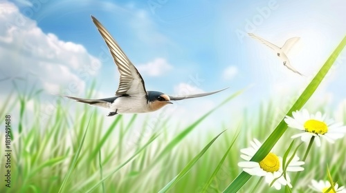 Two White Swallows Flying Over Green Grass and White Daisies in Bright Sunny Sky