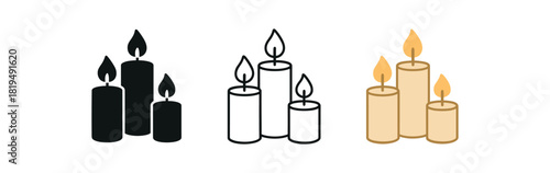 scented candle trio icons three groupings of candles with varying heights and tiny flame one flat solid monochrome one thin black outline black and white one full color flat icon beige and