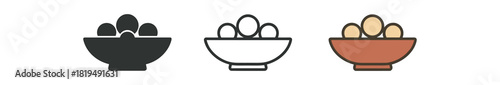 decorative bowl icons three shallow bowl icons with simple objects like beads or spheres one flat solid monochrome one thin black outline black and white one full color flat icon ceramic