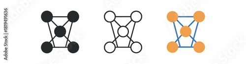 neural network icons three node and connection web icons one flat solid monochrome one thin black outline black and white one full color flat icon blue and orange