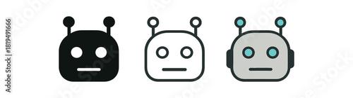 robot head icons three simple robot head silhouettes with antenna dots one flat solid monochrome one thin black outline black and white one full color flat icon light gray and cyan