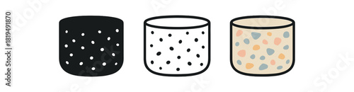 terrazzo decor icons three terrazzo tray or pot icons with speckled texture one flat solid monochrome one thin black outline black and white one full color flat icon soft pastel chips