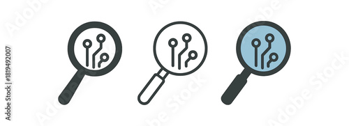 ai search icons three magnifying glass with tiny circuit pattern icons one flat solid monochrome one thin black outline black and white one full color flat icon blue and dark gray