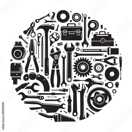 “Round Tools Design – Black and White Hardware Equipment Graphic”