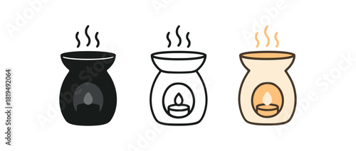 scented wax melt icons three small wax warmer icons with dish and soft steam one flat solid monochrome one thin black outline black and white one full color flat icon ceramic white and warm