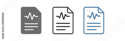 nlp document icons three document with small waveform and text line icons one flat solid monochrome one thin black outline black and white one full color flat icon white and blue
