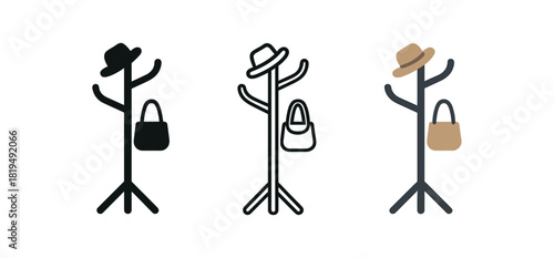 hallway coat tree icons three standing coat rack icons with hat and bag silhouettes one flat solid monochrome one thin black outline black and white one full color flat icon black metal and
