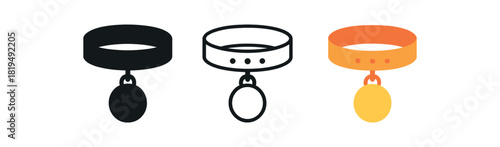 pet collar icons three collar silhouettes with round tag one flat solid monochrome one thin black outline black and white one full color flat icon bright collar colors