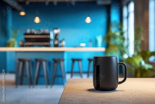 Black mug on table inside modern cafe with blue walls.