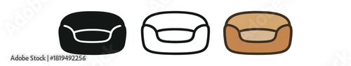 pet bed icons three cushioned bed silhouettes with soft rim one flat solid monochrome one thin black outline black and white one full color flat icon cozy fabric tones