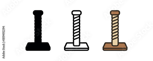 scratching post icons three vertical scratching post silhouettes with base one flat solid monochrome one thin black outline black and white one full color flat icon rope and wood colors