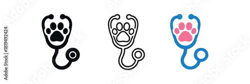 stethoscope with paw icons three stethoscope icons wrapped around small paw shape one flat solid monochrome one thin black outline black and white one full color flat icon blue and pink