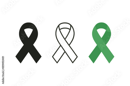 mental health ribbon icons three awareness ribbon silhouettes one flat solid monochrome one thin black outline black and white one full color flat icon green