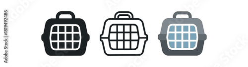 pet carrier icons three travel carrier silhouettes with handle one flat solid monochrome one thin black outline black and white one full color flat icon gray and accent panel