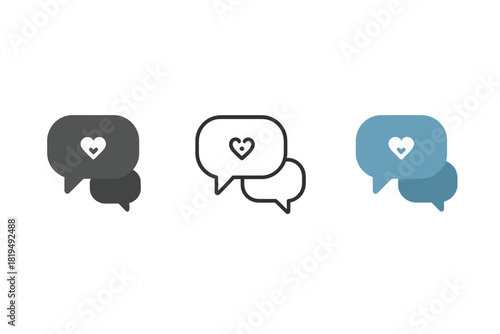 therapy chat icons three speech bubble icons with tiny heart or dot cluster inside one flat solid monochrome one thin black outline black and white one full color flat icon calming blue