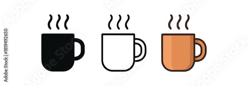 coffee cup icons three coffee mug icons one flat solid monochrome one thin black outline black and white one full color flat icon with warm tones minimal style isolated on white background