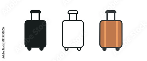 suitcase icons three travel suitcase icons one flat solid monochrome one thin black outline black and white one full color flat icon warm brown travel theme