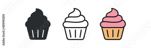 cupcake icons three cupcake icons one flat solid monochrome one thin black outline black and white one full color flat icon with pink frosting cute dessert style