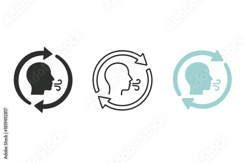 breathing circle icons three circular inhale exhale loop icons one flat solid monochrome one thin black outline black and white one full color flat icon light turquoise