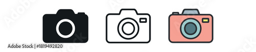 camera icons three compact camera icons one flat solid monochrome one thin black outline black and white one full color flat icon with pastel body simple details