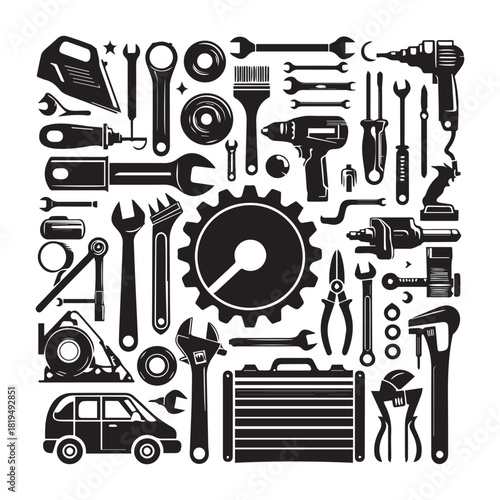 “Round Tools Design – Black and White Hardware Equipment Graphic”