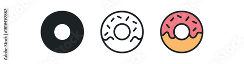donut icons three donut icons one flat solid monochrome one thin black outline black and white one full color flat icon with glaze and sprinkles fun mood