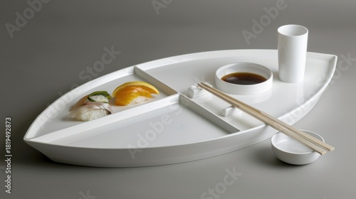 White Boat-shaped Sushi Plate with Soy Sauce and Chopsticks on Gray Background