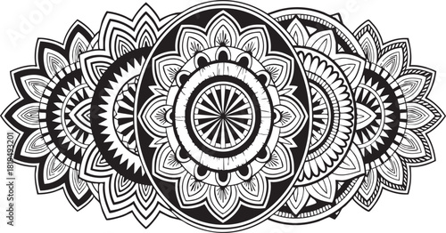 Black and white mandala pattern with intricate floral elements