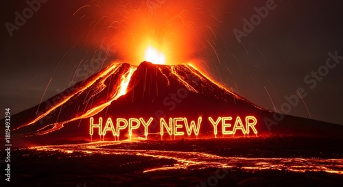 Happy New Year Text Formed by Lava in Front of Erupting Volcano at Night