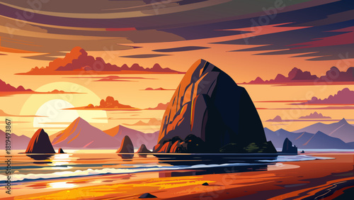 Very beautiful view of Haystack Rock at Cannon Beach, Oregon, during sunset, with warm golden light reflecting off the sand and ocean waves, and the iconic sea stack silhouetted against a colorful sky