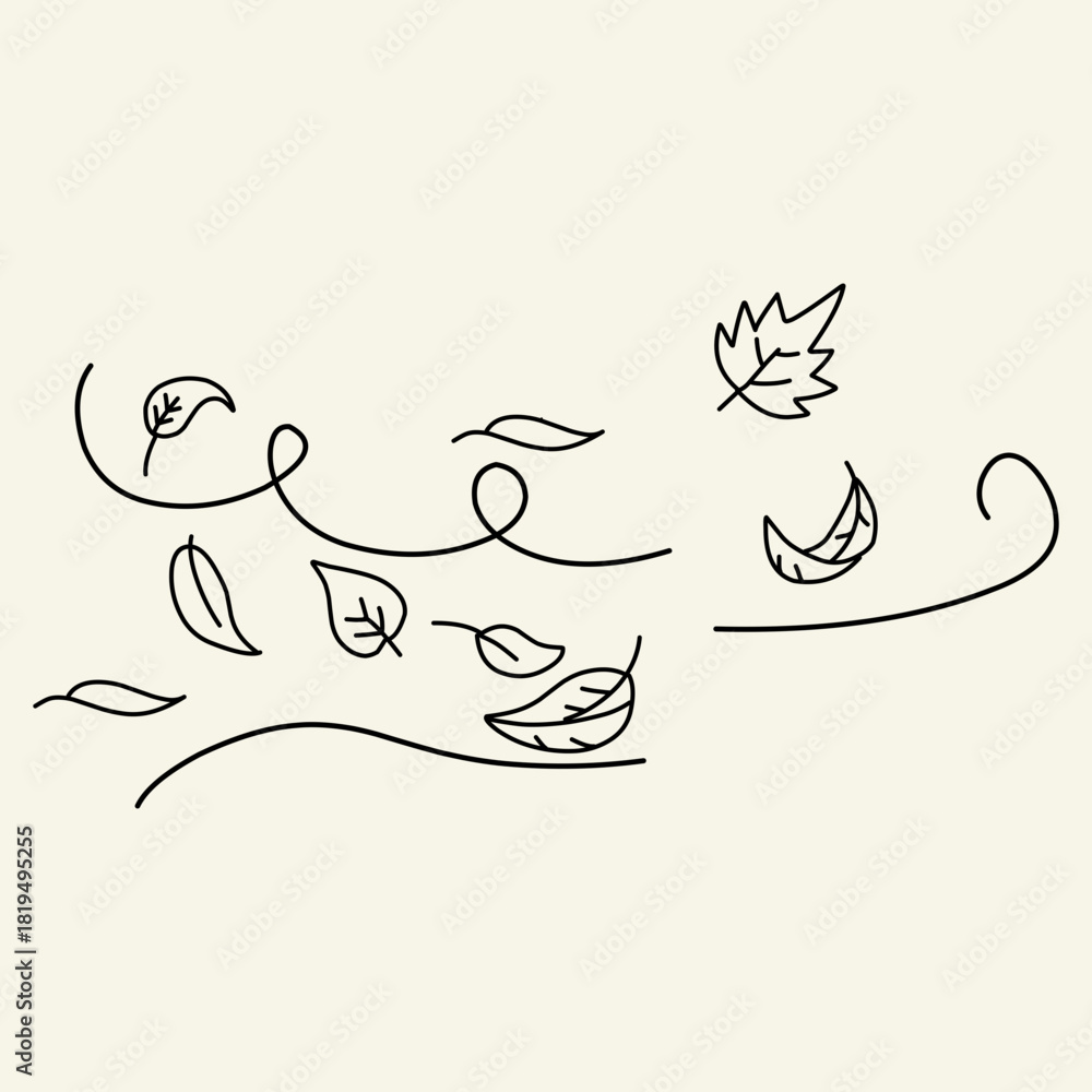 Obraz premium hand drawn leaf wind doodle An outline background with autumn leaves flying in the wind. The air flow leaves wave linear pattern is reminiscent of an autumn windy weather handdrawn monochrome image.