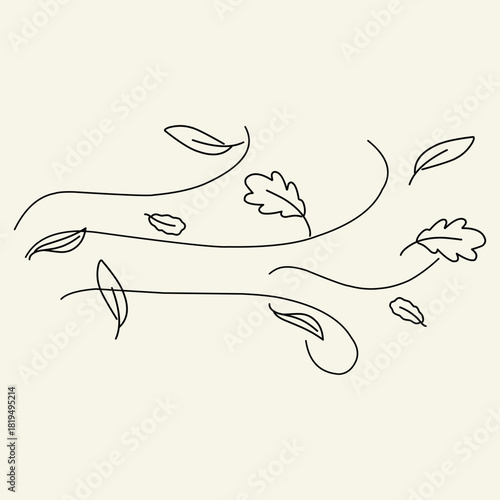 hand drawn leaf wind doodle An outline background with autumn leaves flying in the wind. The air flow leaves wave linear pattern is reminiscent of an autumn windy weather handdrawn monochrome image.