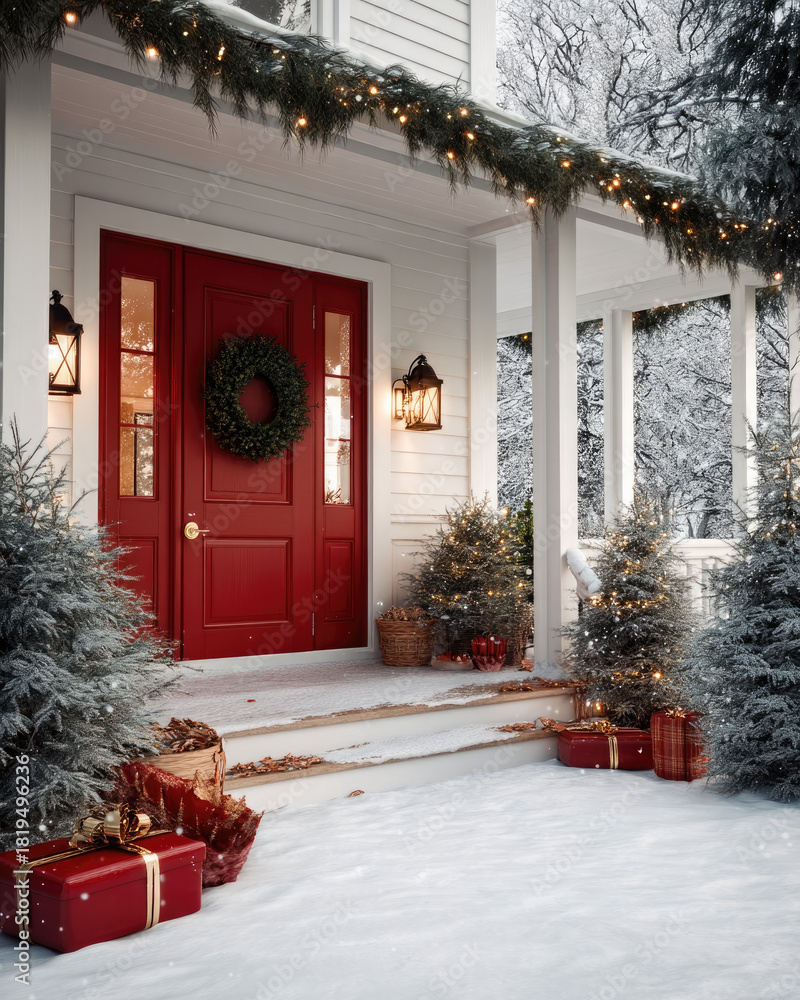 Naklejka premium Christmas front porch with red door, festive wreath, snow covered steps, evergreen trees, twinkling lights, and wrapped gifts create joyful scene