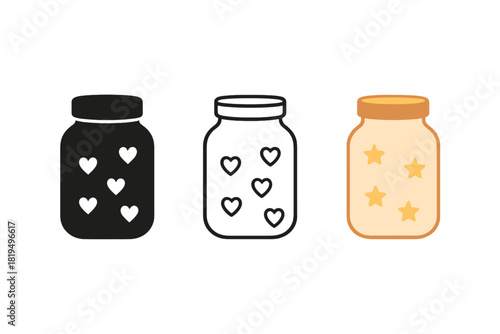 gratitude jar icons three glass jar silhouettes with tiny heart or shapes inside one flat solid monochrome one thin black outline black and white one full color flat icon warm pastel palette
