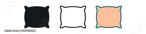 pillow icons three cushion icons one flat solid monochrome one thin black outline black and white one full color flat icon soft pastel tone cozy decor
