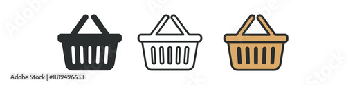 shopping basket icons three shopping basket icons one flat solid monochrome one thin black outline black and white one full color flat icon warm straw tone market theme