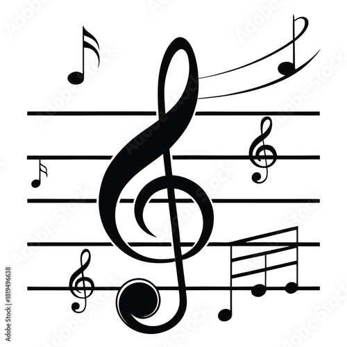 Treble clef and musical notes on a white background creating a simple composition design illustration