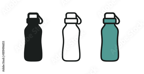 reusable bottle icons three reusable bottle icons one flat solid monochrome one thin black outline black and white one full color flat icon teal eco lifestyle theme