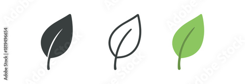 eco leaf icons three simple leaf icons one flat solid monochrome one thin black outline black and white one full color flat icon fresh green minimal eco style