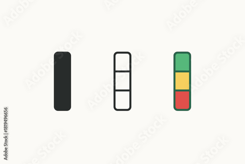emotional scale icons three vertical bar icons with low mid high segments one flat solid monochrome one thin black outline black and white one full color flat icon red green