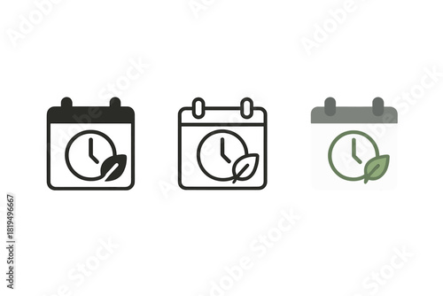 offline time icons three small calendar page or clock with tiny leaf icon one flat solid monochrome one thin black outline black and white one full color flat icon green and soft gray