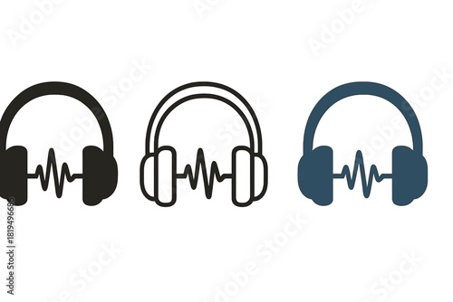 relaxation audio icons three headphone silhouettes with tiny wave line inside one flat solid monochrome one thin black outline black and white one full color flat icon deep blue