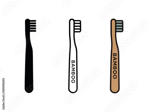 bamboo toothbrush icons three bamboo toothbrush icons one flat solid monochrome one thin black outline black and white one full color flat icon with wood handle and soft bristles