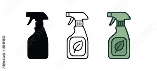 eco cleaner bottle icons three eco cleaner spray bottle icons one flat solid monochrome one thin black outline black and white one full color flat icon light green with leaf detail